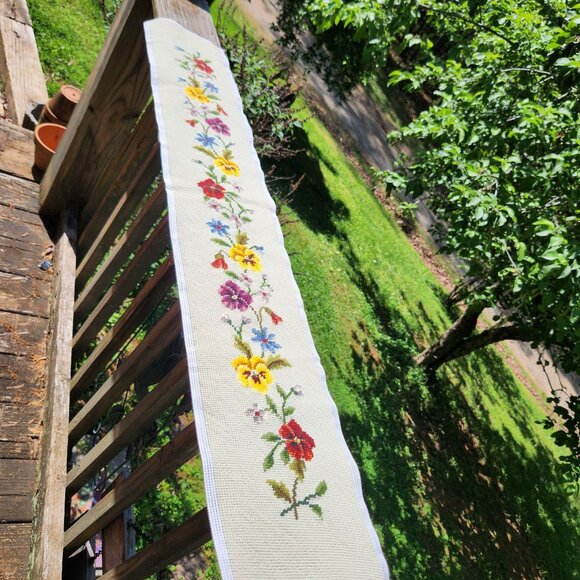 Vintage Hand-Stitched Floral Cross Stitch Runner 42" X 7" - Picture 4 of 15